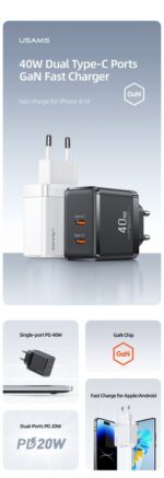 USAMS T54 40W Type-C Ports Fast Charger სწრაფი დამტენი - Image 3