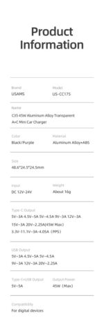 USAMS C35 45W მანქანის დამტენი Type-C და USB პორტით - Image 6