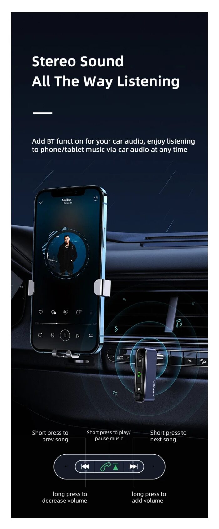 USAMS SJ519 Car Bluetooth Audio Receiver Aux 3.5mm - Image 5