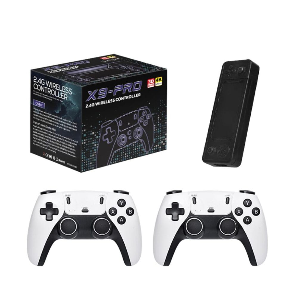 X9 Pro Game Stick 4K – რეტრო თამაშების კონსოლი 64GB (30,000+ თამაში, 2.4G უსადენო ჯოისტიკებით, EmuElec 4.3)