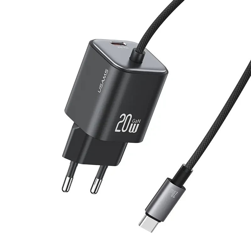 USAMS CC261 20W GaN Mini 2C სწრაფი დამტენი ჩაშენებული Type-C კაბელით