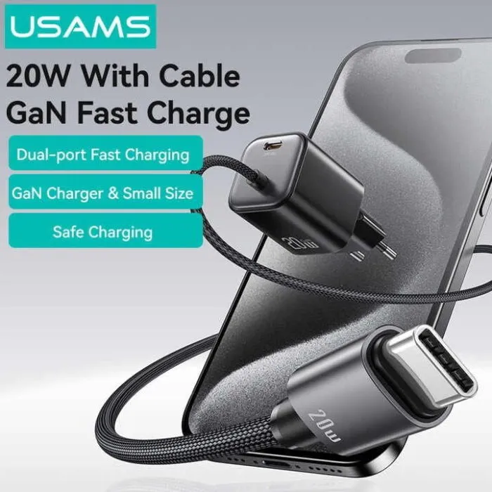 USAMS CC261 20W GaN Mini 2C სწრაფი დამტენი ჩაშენებული Type-C კაბელით - Image 4