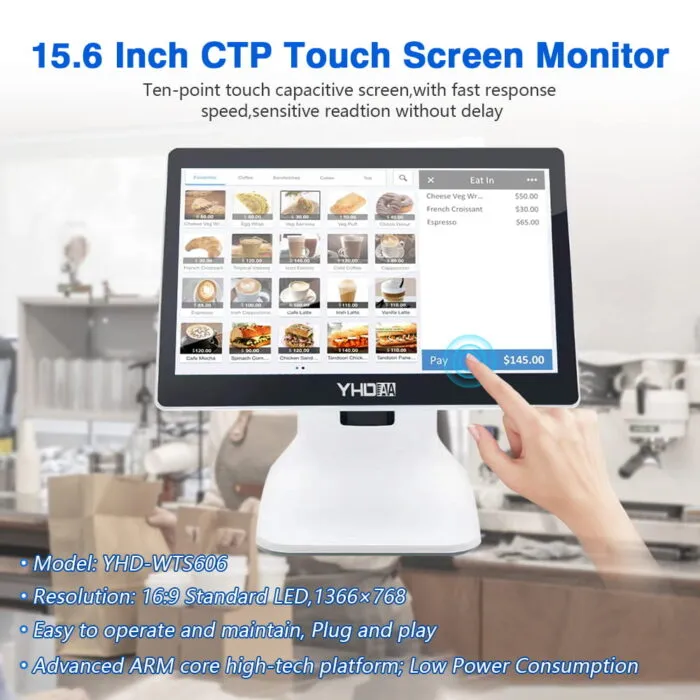 YHD-WTS606 15.6" POS Machine 8G SSD:128G Bluetooth and WIFI ტერმინალი სენსორული ეკრანით - Image 2